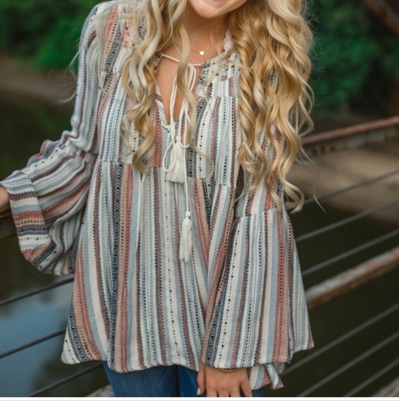 Altar'd State Tops - Altered State Long Sleeve Bell Stripe Tassels